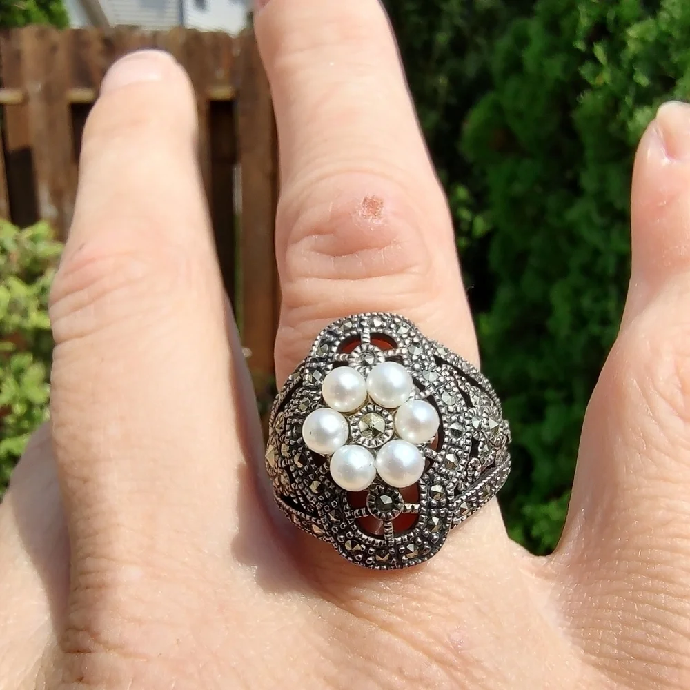 Judith Jack Ring Sterling Silver Marcasite Faux Pearls Size 7!